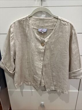 TINA Tan Linen-Blend Single-Button Boxy Cropped Jacket